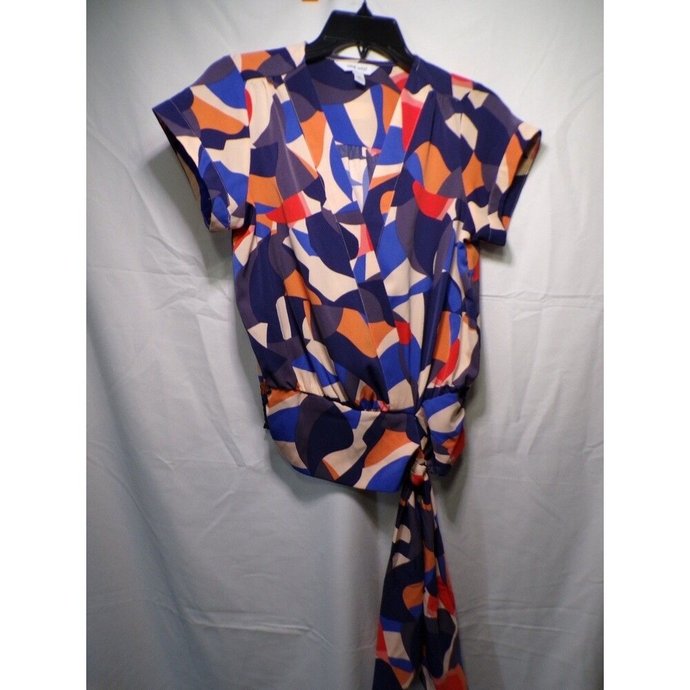 Nine West Women's XS Abstract Geometric Wrap Blouse Cap Sleeve Colorful